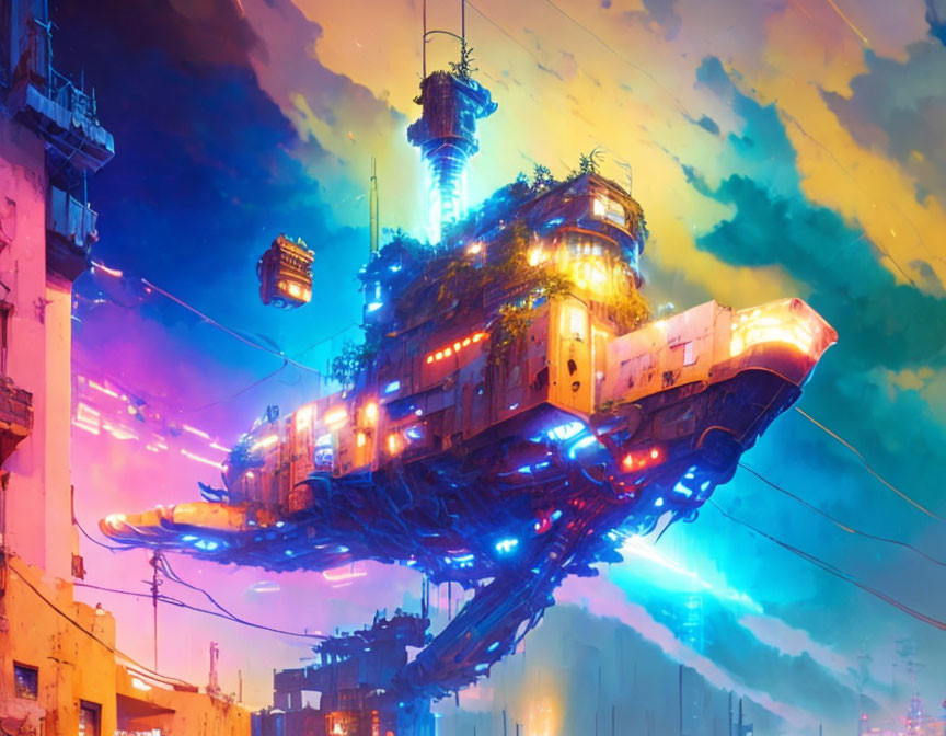 Futuristic cityscape with floating ship-like structure in vibrant colors