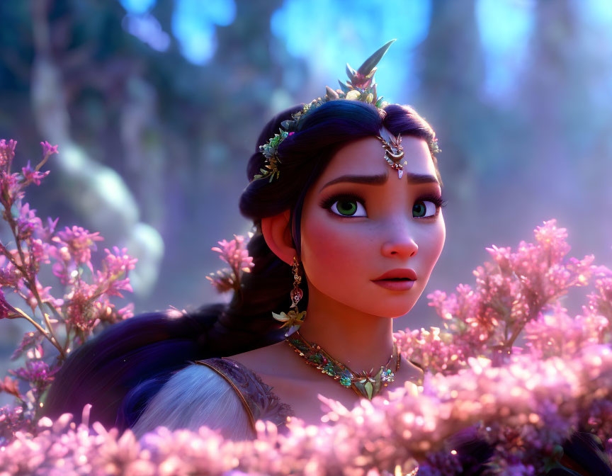 Animated Female Character with Large Eyes and Ornate Jewelry Surrounded by Purple Flowers in Enchanted Forest