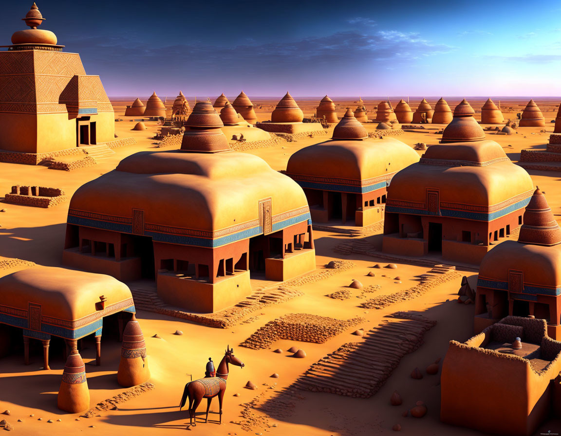 Digital artwork: Desert village with dome-shaped buildings, pyramids, and lone horse rider.