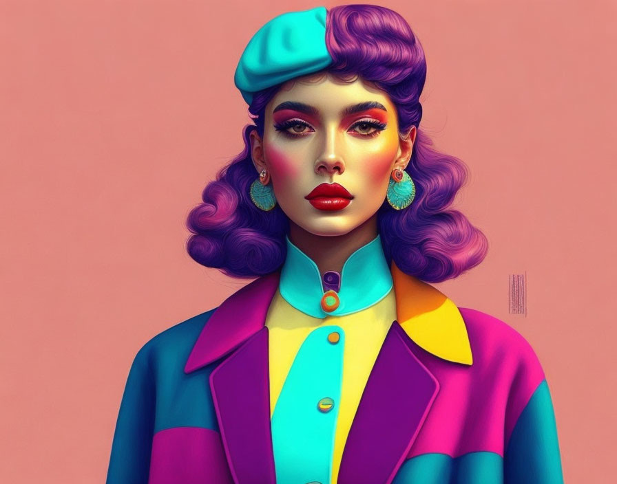 Colorful digital artwork: Woman with purple hair, vibrant jacket, blue beret, and large earrings