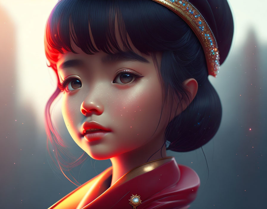 Young Girl Illustration: Large Expressive Eyes, Stylized Dark Hair, Traditional Attire &