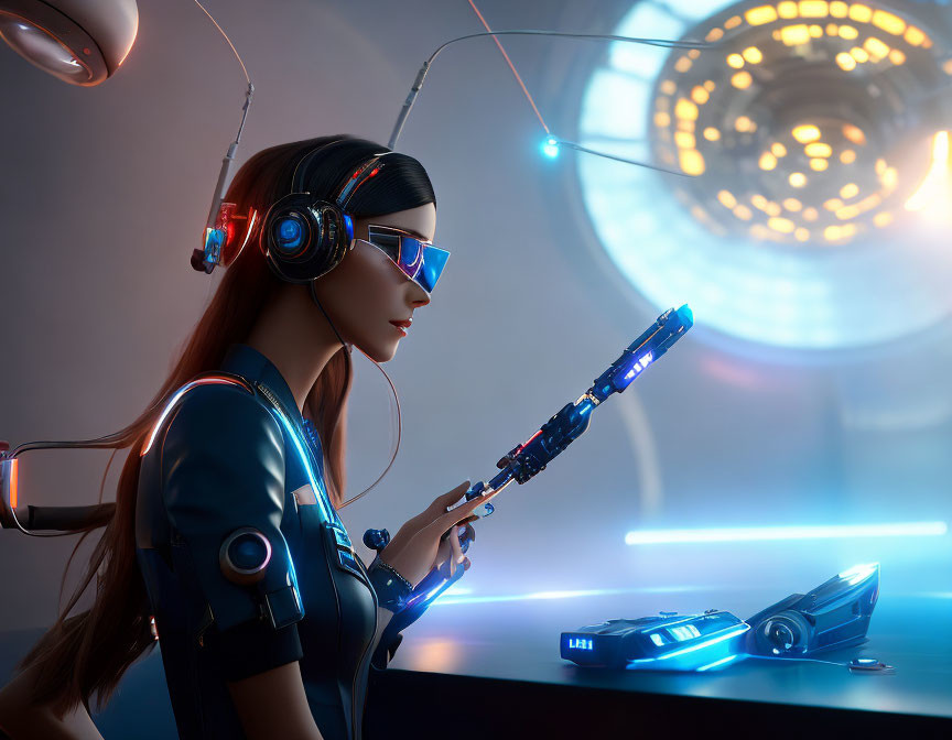 Futuristic woman in neon-lit setting examines high-tech device