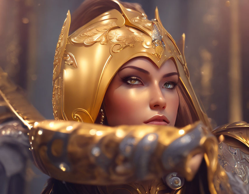 Detailed Female Character in Ornate Golden Armor with Intense Eyes