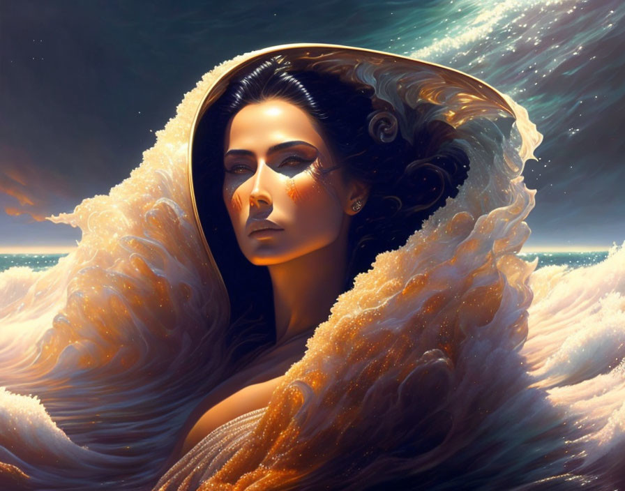 Dark-haired woman in golden cloak against twilight sky and sea