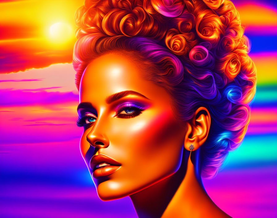 Colorful digital portrait of woman with curly hair on rainbow sunset backdrop