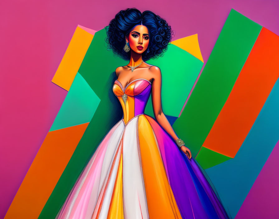 Vivid illustration of woman with blue hair in colorful gown on geometric backdrop