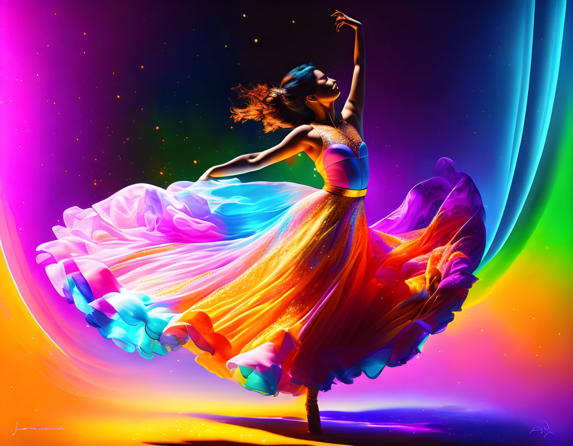 Colorful dancer in flowing dress against cosmic background - dance and fantasy fusion