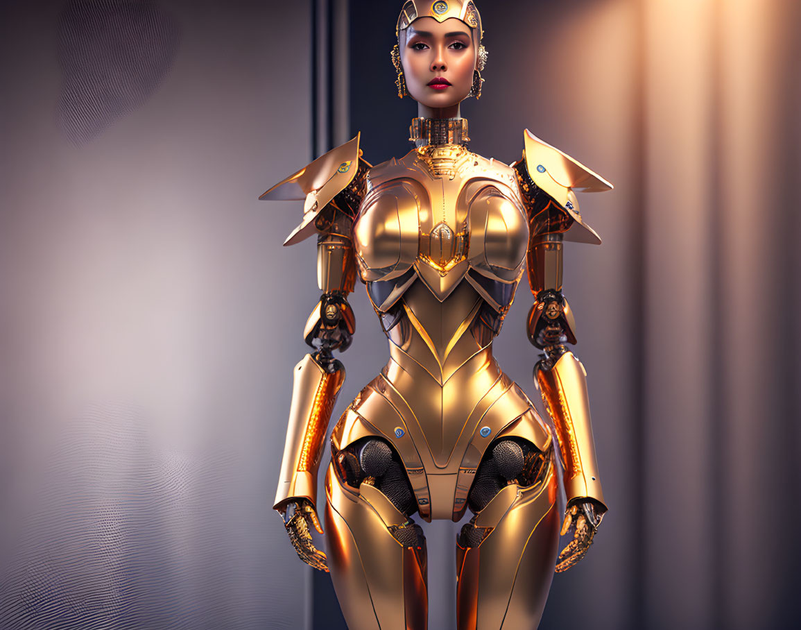 Futuristic female android in gold and white armor against soft-focus background