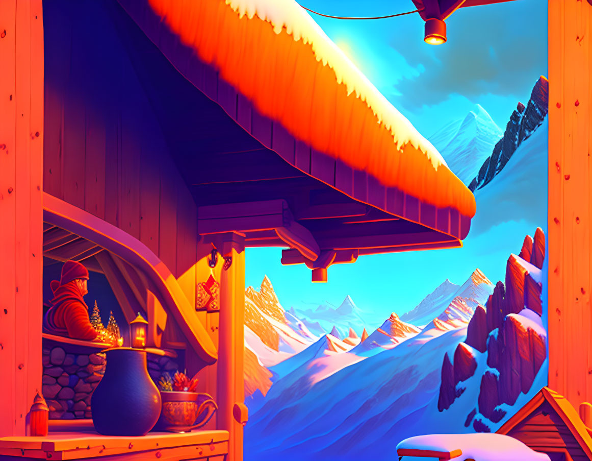 Mountain cabin at sunset with snowy peaks, warm light on woodpile and pottery