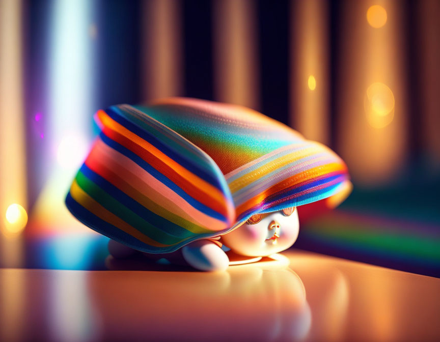 Colorful Striped Hat Figurine on Glossy Surface with Soft Lighting