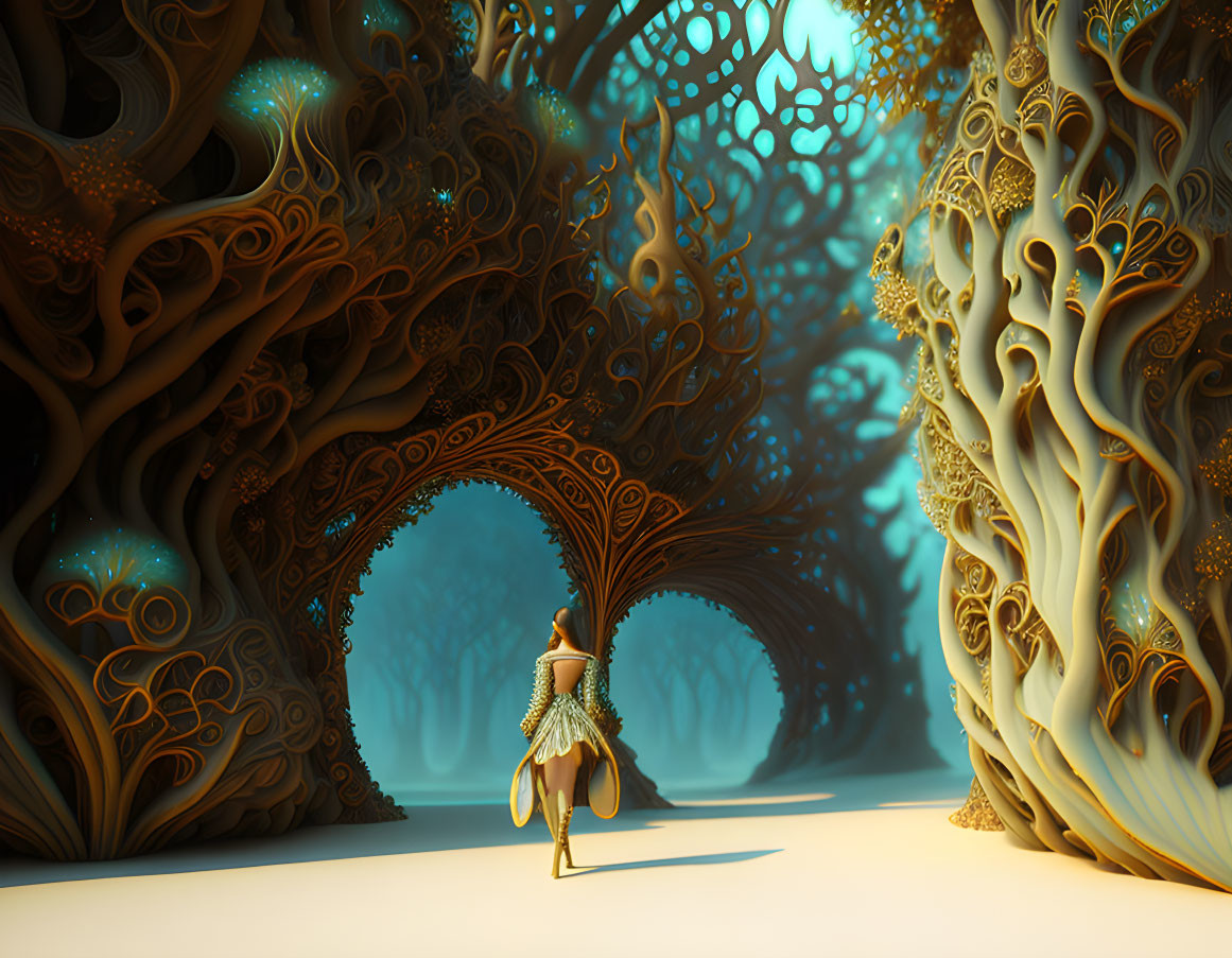 Person standing between ornate tree archways in fantasy forest with intricate designs and warm, golden glow.