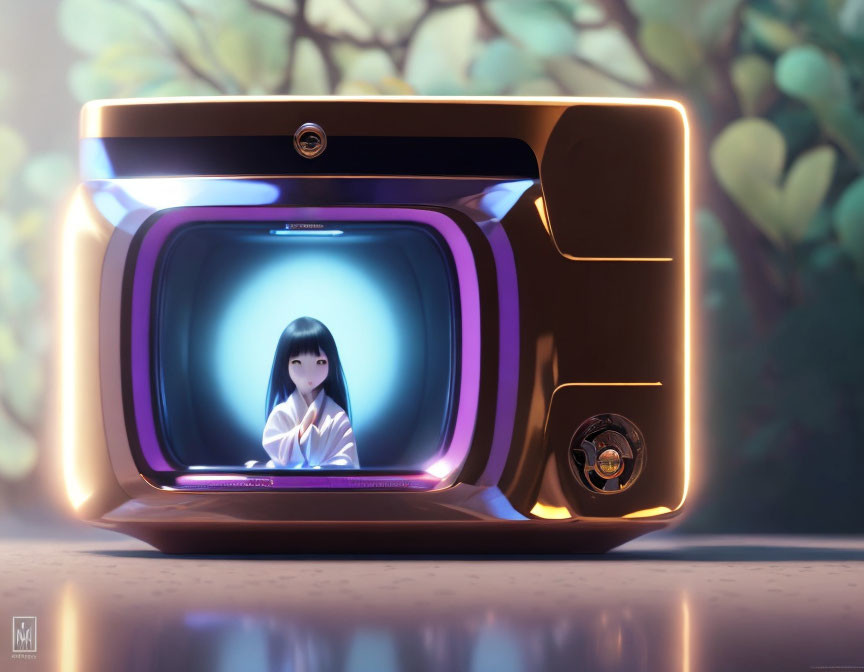 Futuristic holographic display of female anime character in natural setting