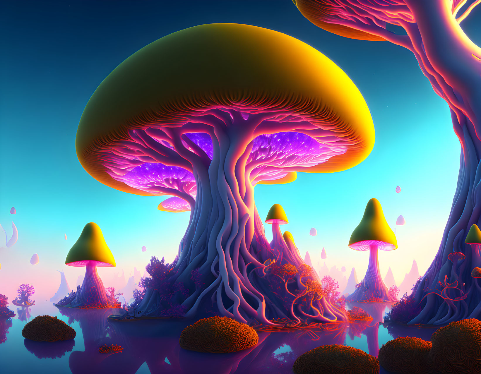 Fantastical landscape with oversized bioluminescent mushrooms in orange and purple twilight.