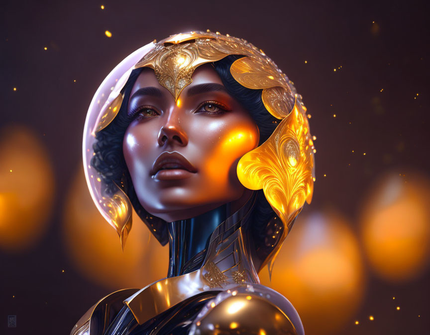 Digital art portrait of woman with golden ornate headgear and shining skin patterns on dark backdrop.