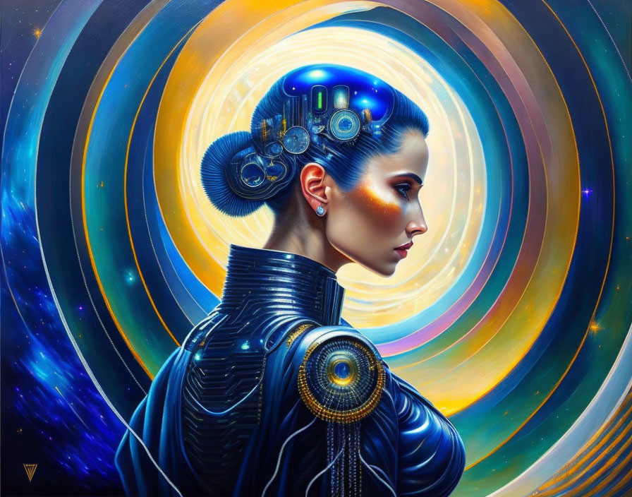 Futuristic portrait of a woman with cybernetic enhancements and mechanical hairstyle