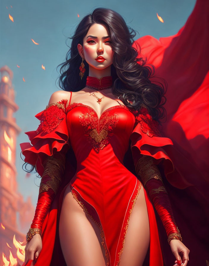 Illustrated woman in red ornate gown with flowing hair and tower backdrop