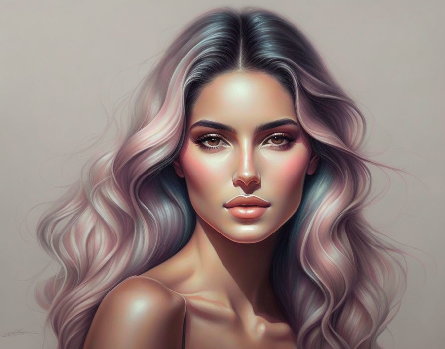 Woman with Gradient Pastel Hair in Digital Artwork