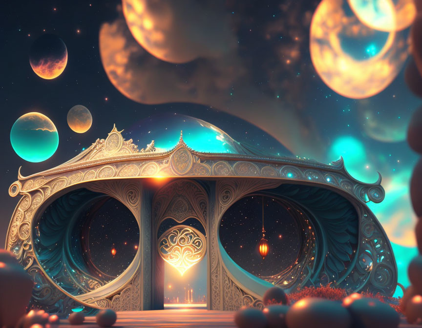 Intricate fantasy pavilion under starry sky with multiple moons and glowing orbs