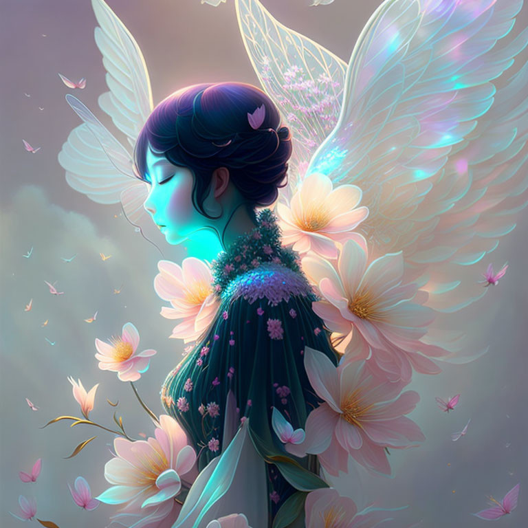 Serene ethereal being with glowing blue wings among flowers and butterflies