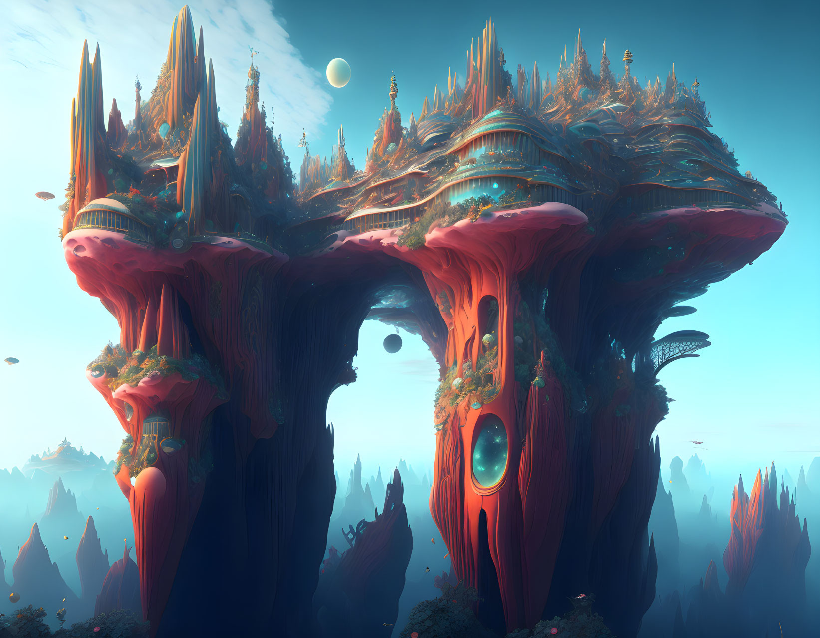 Futuristic buildings on towering rock formations in fantasy landscape