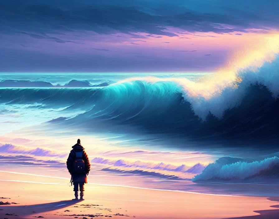 Figure Walking on Vibrant Purple and Blue Beach with Luminous Waves