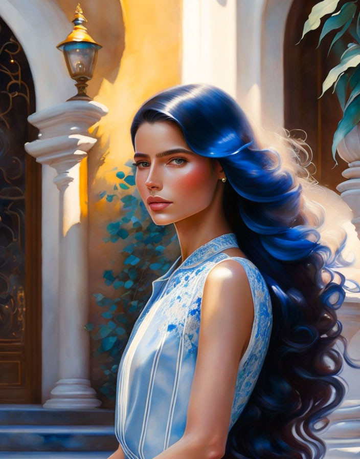 Digital artwork of woman with blue hair and white dress against warm architectural backdrop