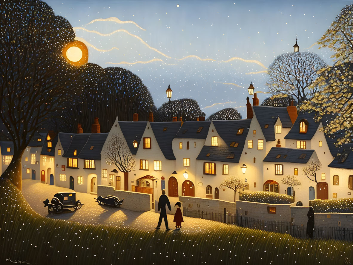 Adult and child walking in whimsical village scene at night