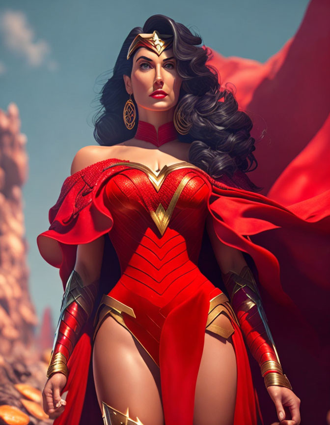 Woman in red and gold costume with tiara in powerful stance against sky and rock.