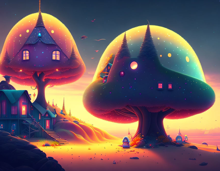 Colorful Twilight Landscape with Mushroom Houses and Starry Sky