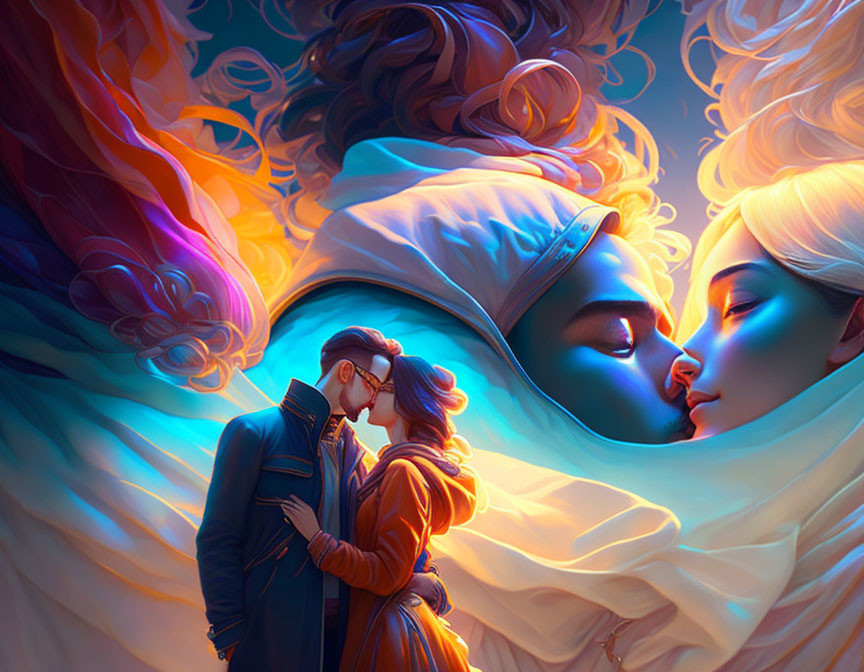 Vibrant cosmic swirl symbolizes deep connection in tender kiss