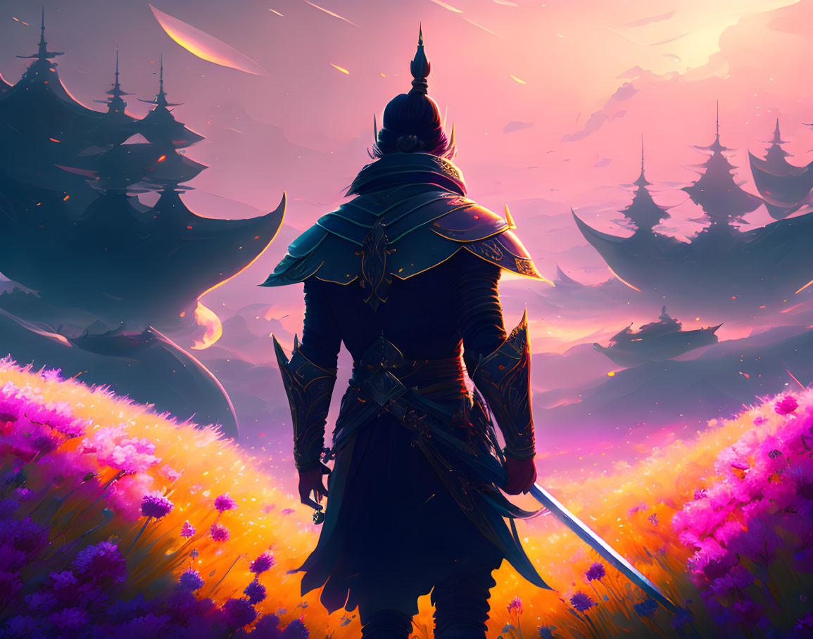 Armored warrior in purple flower field with pagoda structures under colorful sky