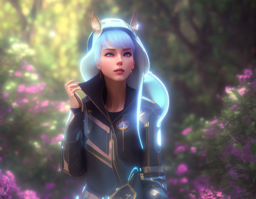 Digital Illustration: Woman with Blue Hair and Cat Ears in Forest Setting