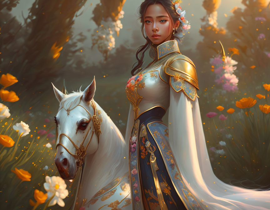 Traditional Attire Woman with Gold Detailing Beside White Horse in Field