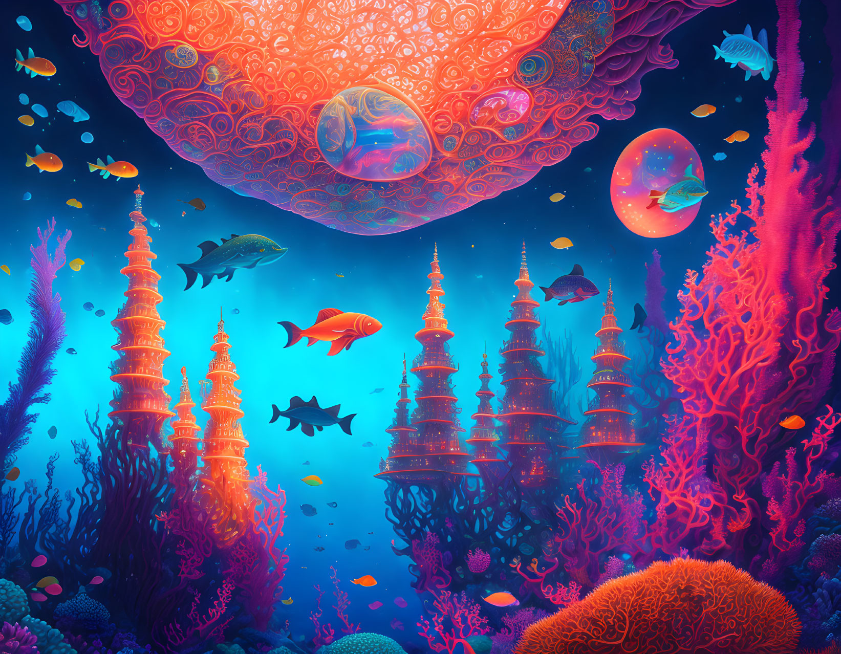 Vibrant coral towers, diverse fish, and giant moon in surreal neon-lit ocean