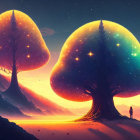 Colorful Twilight Landscape with Mushroom Houses and Starry Sky