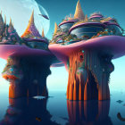 Futuristic buildings on towering rock formations in fantasy landscape