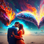 Vibrant cosmic swirl symbolizes deep connection in tender kiss