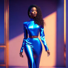 Confident woman in blue high-collared outfit in purple and golden lighting