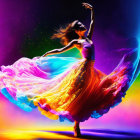 Colorful dancer in flowing dress against cosmic background - dance and fantasy fusion