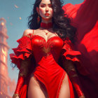 Illustrated female character in futuristic red and gold armor against neon-lit cityscape