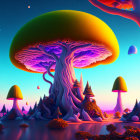 Fantastical landscape with oversized bioluminescent mushrooms in orange and purple twilight.