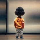 Curly-Haired Child in Orange Sweater Mesmerized by Sparkling Light Display