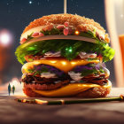 Whimsical digital artwork: Giant burger house with anime characters