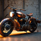 Steampunk Motorcycle with Copper and Brass Finishes in Warehouse Setting