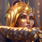 Detailed Female Character in Ornate Golden Armor with Intense Eyes