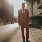 Confident man in brown suit on sunny city street with palm trees.