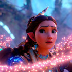 Animated Female Character with Large Eyes and Ornate Jewelry Surrounded by Purple Flowers in Enchanted Forest