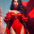 Futuristic female figure with cybernetic enhancements in red outfit against neon cityscape