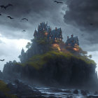 Foreboding castle on craggy cliff under stormy sky with bats.