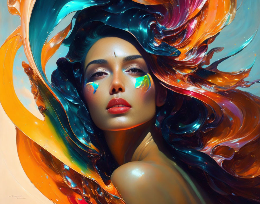 Colorful hair and bold makeup on woman in artistic image